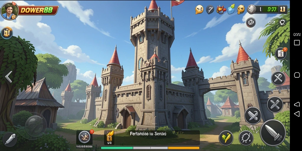 Tampilan gameplay DOWER88 saat menghadapi gelombang musuh di menara.