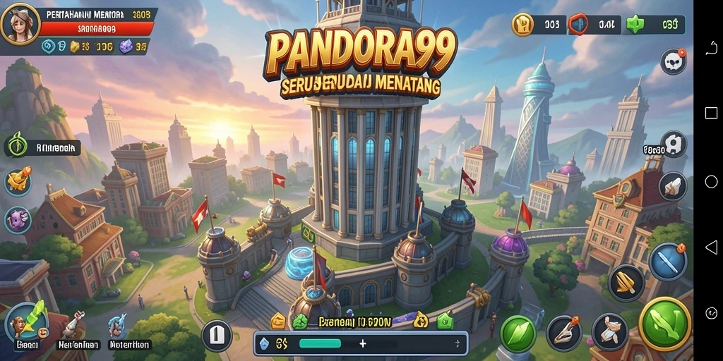 Screenshot PANDORA99 menampilkan aksi menara dalam menghalau gelombang musuh.
