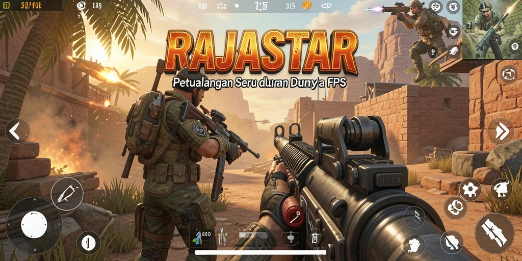 Screenshot gameplay RAJASTAR yang menunjukkan aksi tembak-menembak intens.