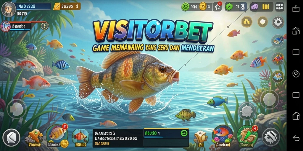 Tampilan gameplay VISITORBET saat memancing di danau yang indah.